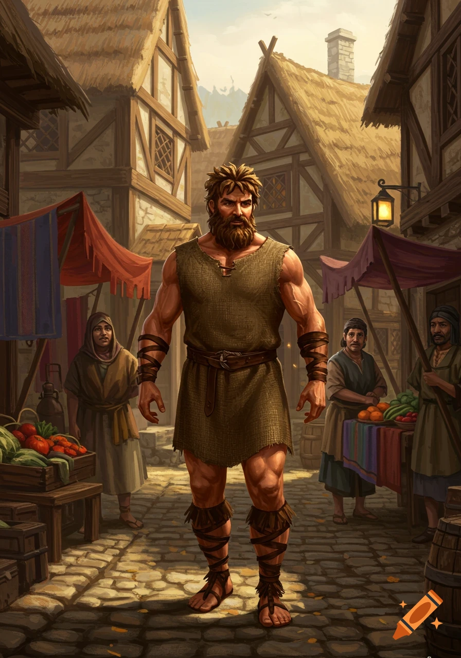 A muscular, bearded man in a tunic stands in a bustling medieval village market with stalls and villagers.