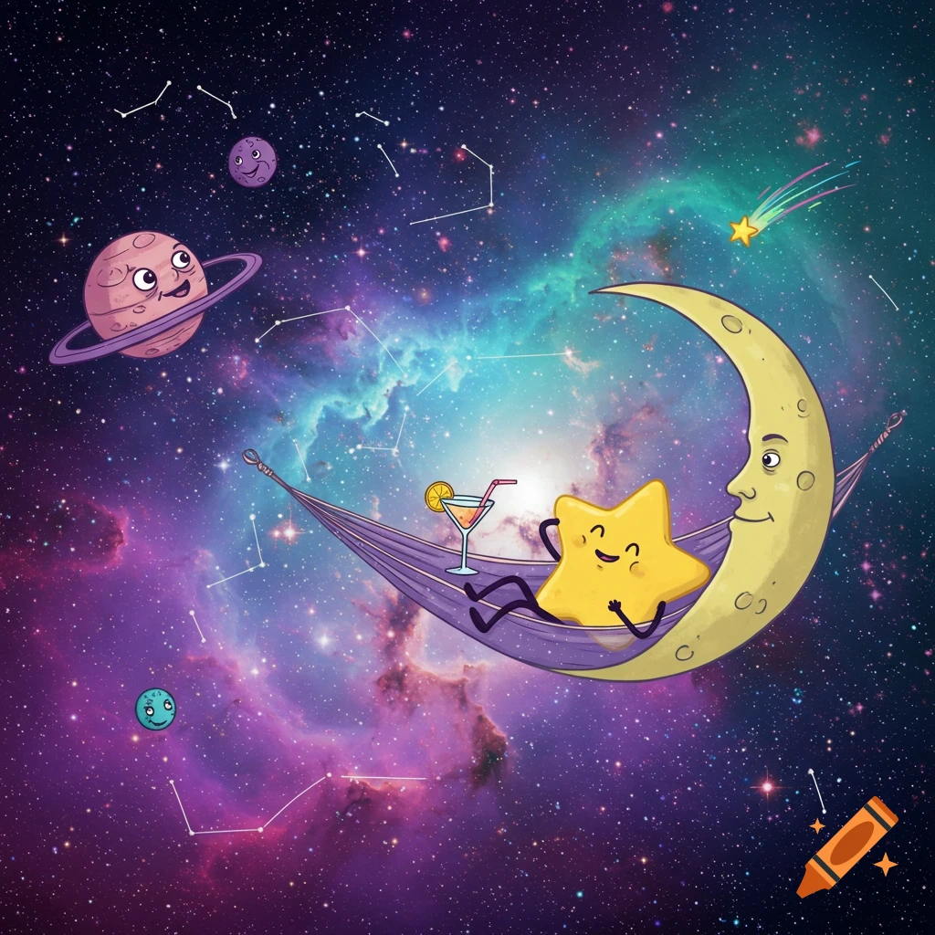 A happy cartoon star relaxes in a hammock on a crescent moon in a vibrant galaxy with smiling planets and constellations.
