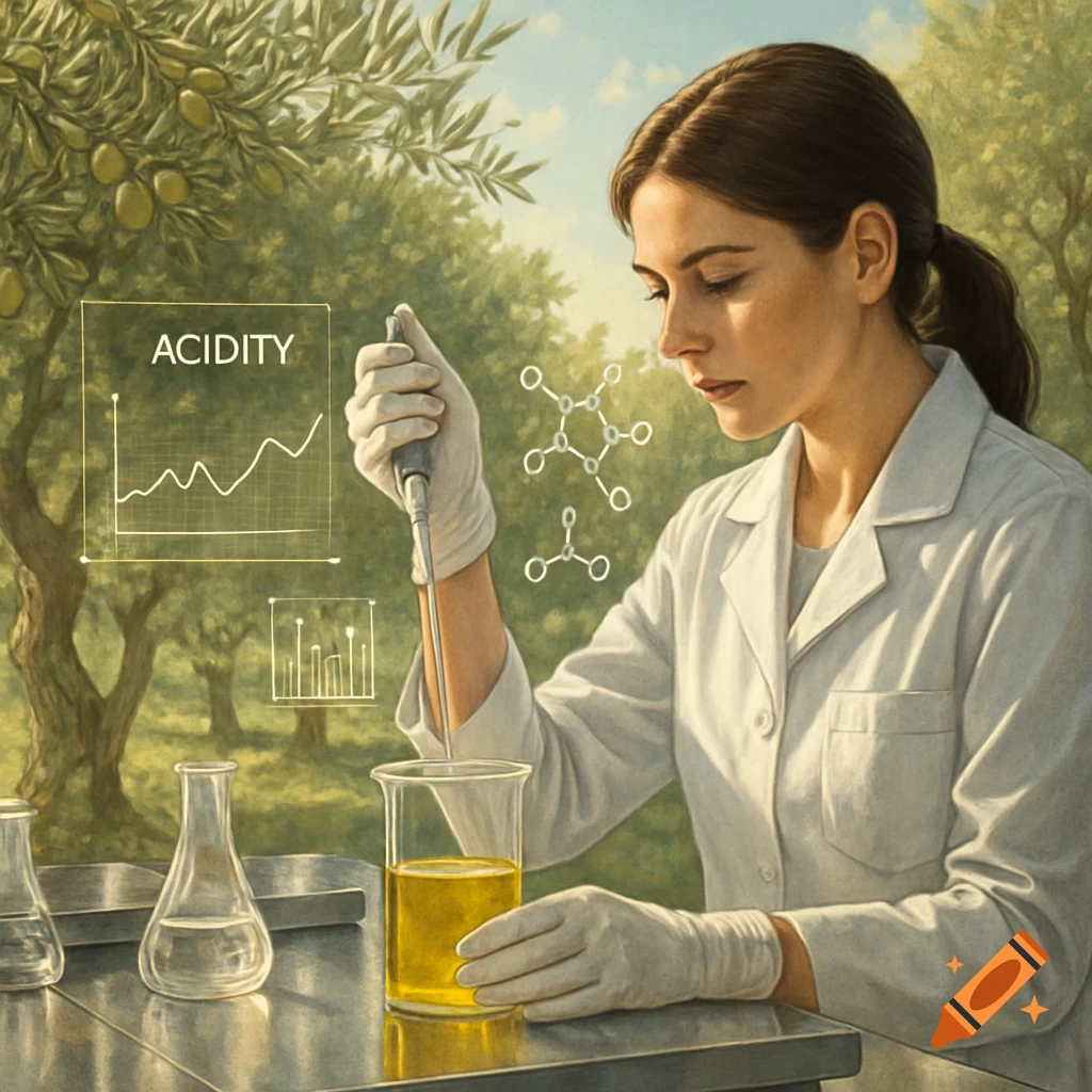 Scientist in a lab coat measuring olive oil acidity with a pipette and beaker, holographic charts, set in an olive grove.