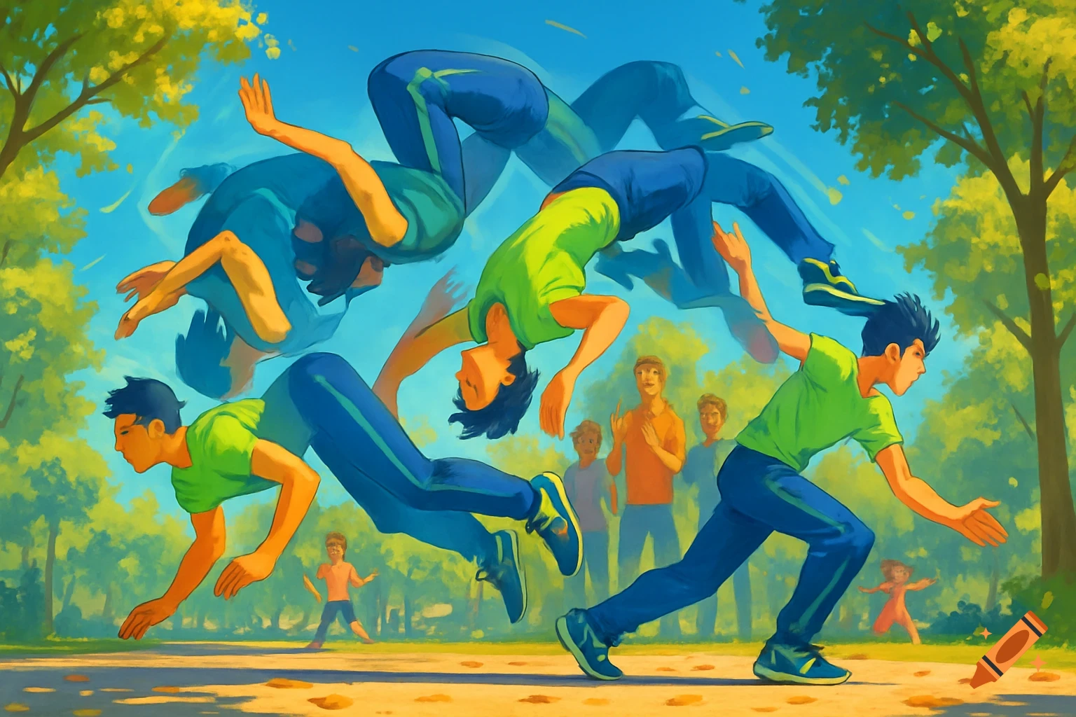Stylized illustration of a person doing a backflip, depicted in a sequence of overlapping motions in a sunny park.