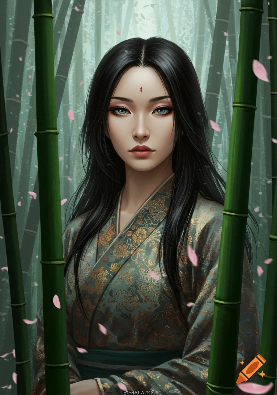 A beautiful East Asian woman with long dark hair and light blue eyes, wearing an ornate green kimono, stands among tall bamboo stalks with pink petals falling.