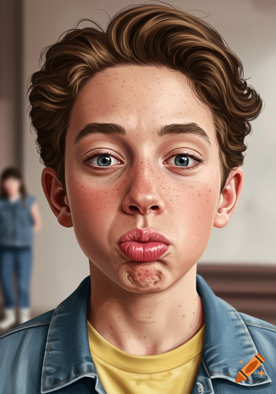 Close-up portrait of a young person with freckles, blue eyes, and brown wavy hair, pouting with pursed lips, wearing a yellow t-shirt and denim jacket.