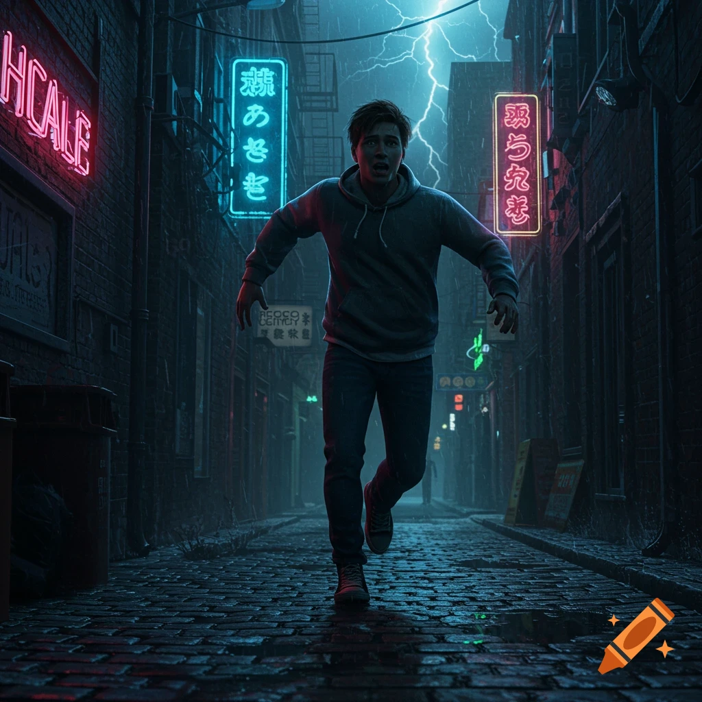 A man in a hoodie and jeans runs through a dark, rainy cyberpunk alley illuminated by blue and red neon signs and a lightning strike in the night sky.
