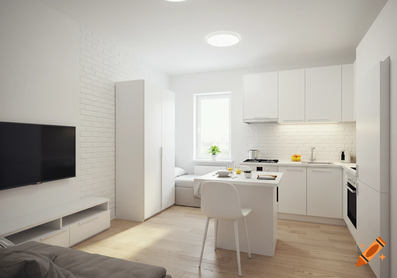 A modern, minimalist studio apartment with a white kitchen, a small dining island, a TV, and a bed area.