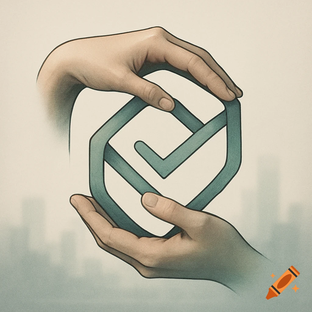 Two hands cradle a stylized teal shield icon with a checkmark, with a faint city skyline in the background.