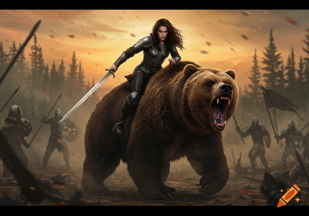 Armored female warrior rides a roaring grizzly bear through a fiery battlefield at sunset, wielding a sword, fantasy art style.
