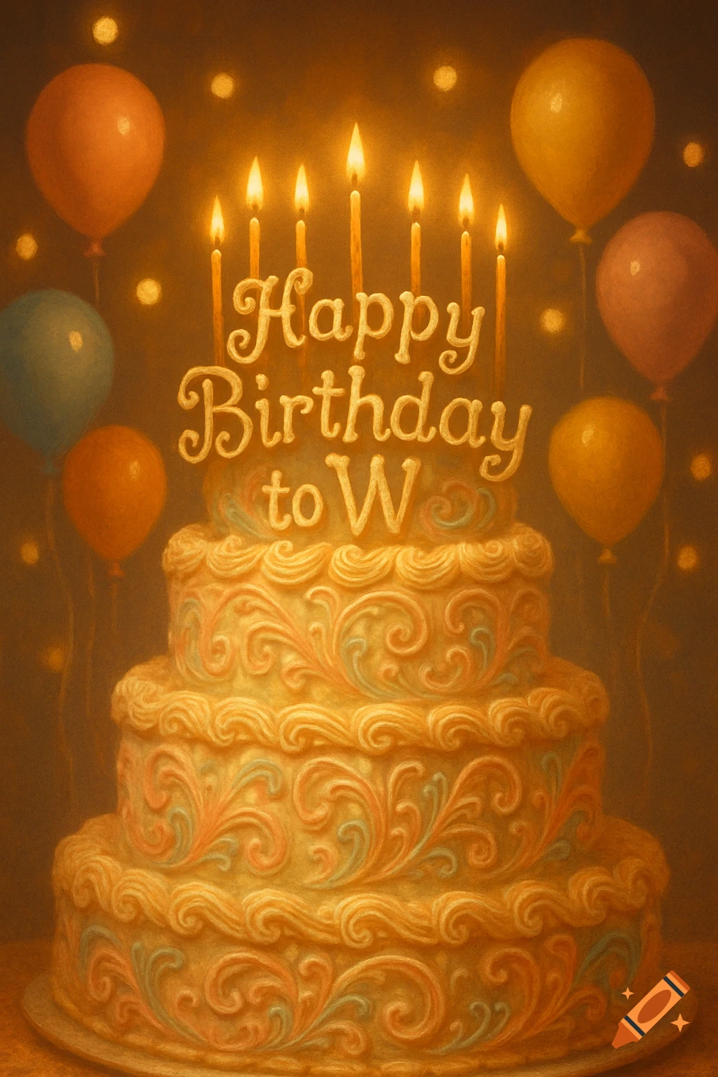 A warm, painterly image of a three-tier birthday cake with glowing candles spelling "Happy Birthday to W", surrounded by colorful balloons.