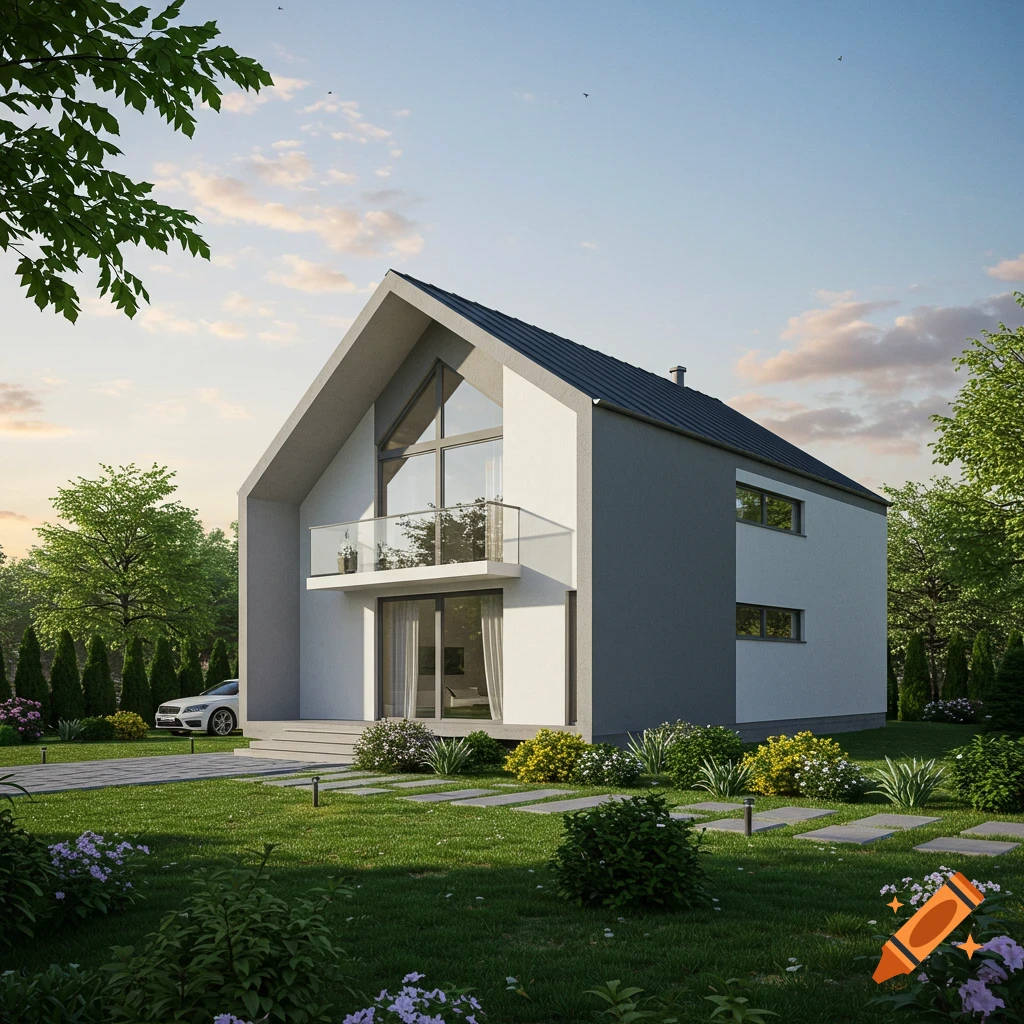A modern white and gray house with a steep gabled roof and large windows, surrounded by a green lawn and garden under a partly cloudy sky.