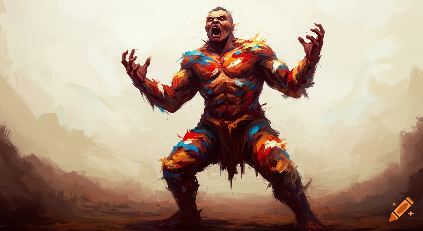 A muscular, angry figure screams with arms raised, covered in vibrant paint splatters, against a pale, abstract background in a painting.