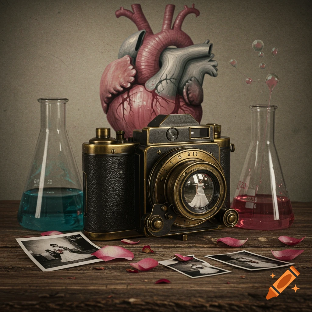 A still life showing a vintage camera, an anatomical heart, two chemical beakers with colored liquids, scattered rose petals, and wedding photos on a wooden table.
