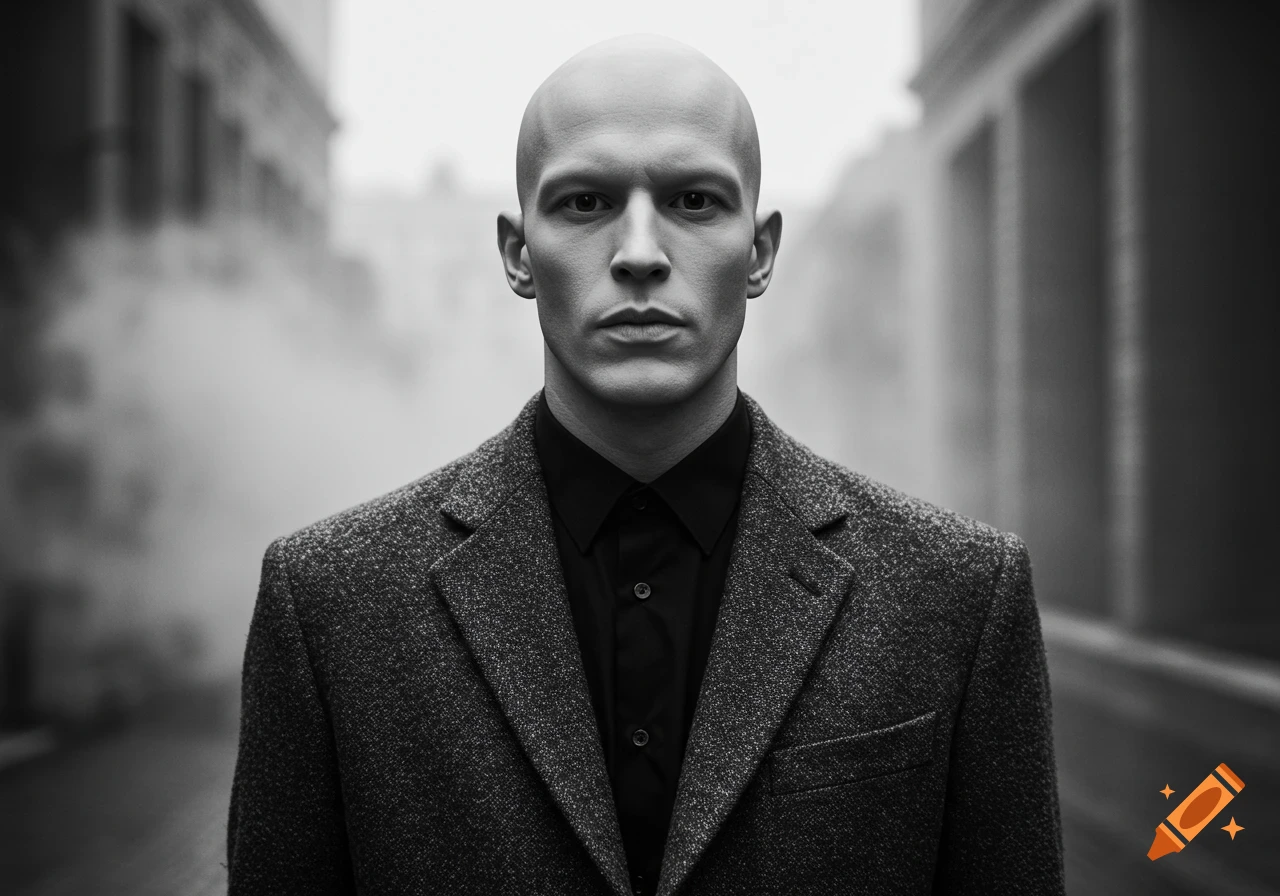 A bald man in a dark suit stares intently at the viewer in a black and white portrait, with a smoky city background.