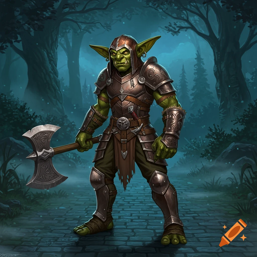 A green-skinned goblin in brown armor, wielding a double-bladed axe, stands on a stone path in a dark fantasy forest.
