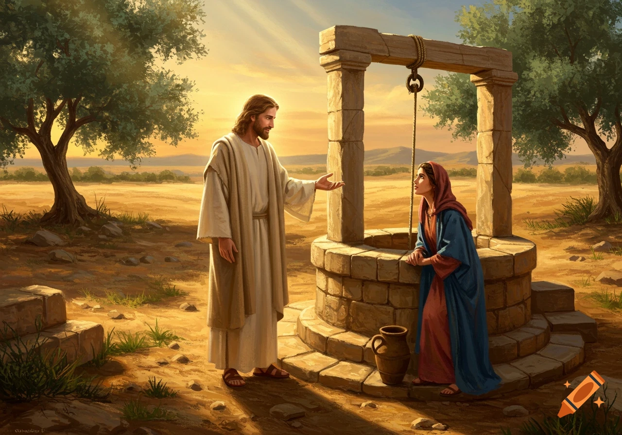 An illustration of Jesus speaking to a woman at a stone well in a warm, arid landscape with olive trees.