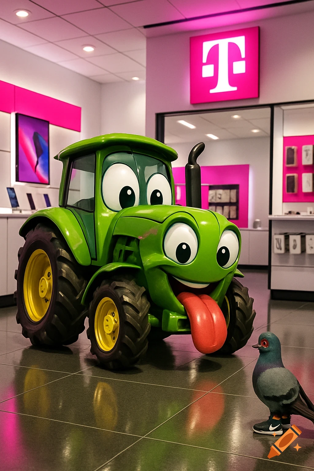 A cheerful cartoon green tractor with its tongue out looks at a pigeon wearing tiny Nike shoes in a T-Mobile store.