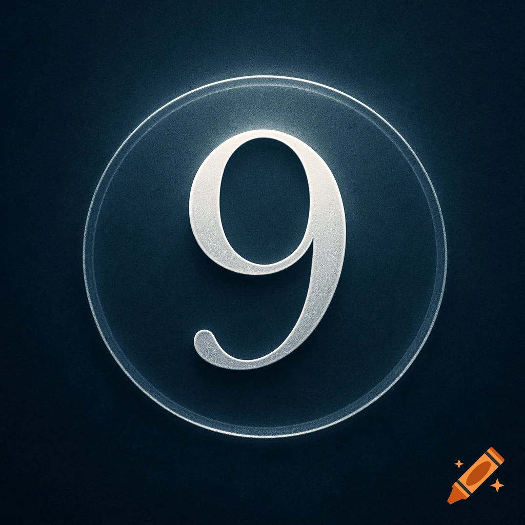 A frosted number 9 centered within a translucent circle against a dark, textured background.