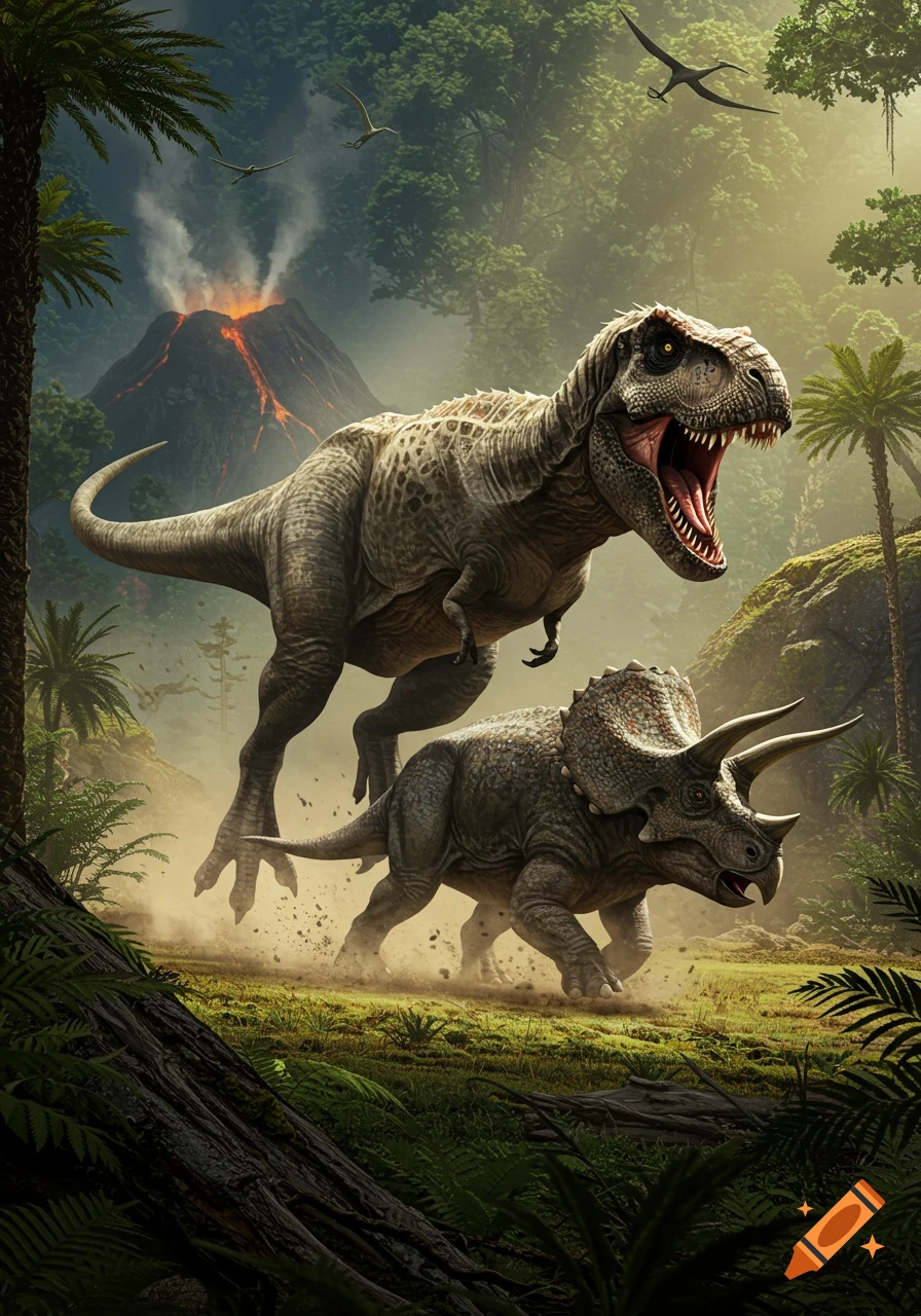 A T-Rex actively hunts a Triceratops in a lush prehistoric jungle with an erupting volcano in the background.