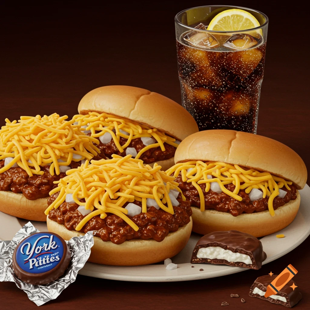 Three chili cheese dogs, a partial fourth, a glass of cola with lemon, and a chocolate peppermint patty with a bite taken out, on a white plate and dark background.