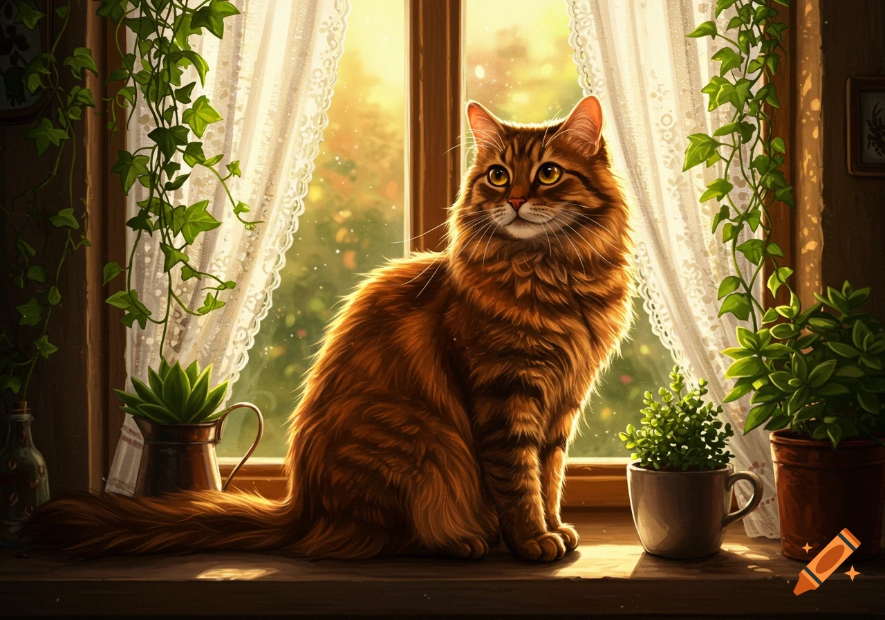 A fluffy brown cat sits on a sunny windowsill next to green plants and lace curtains.
