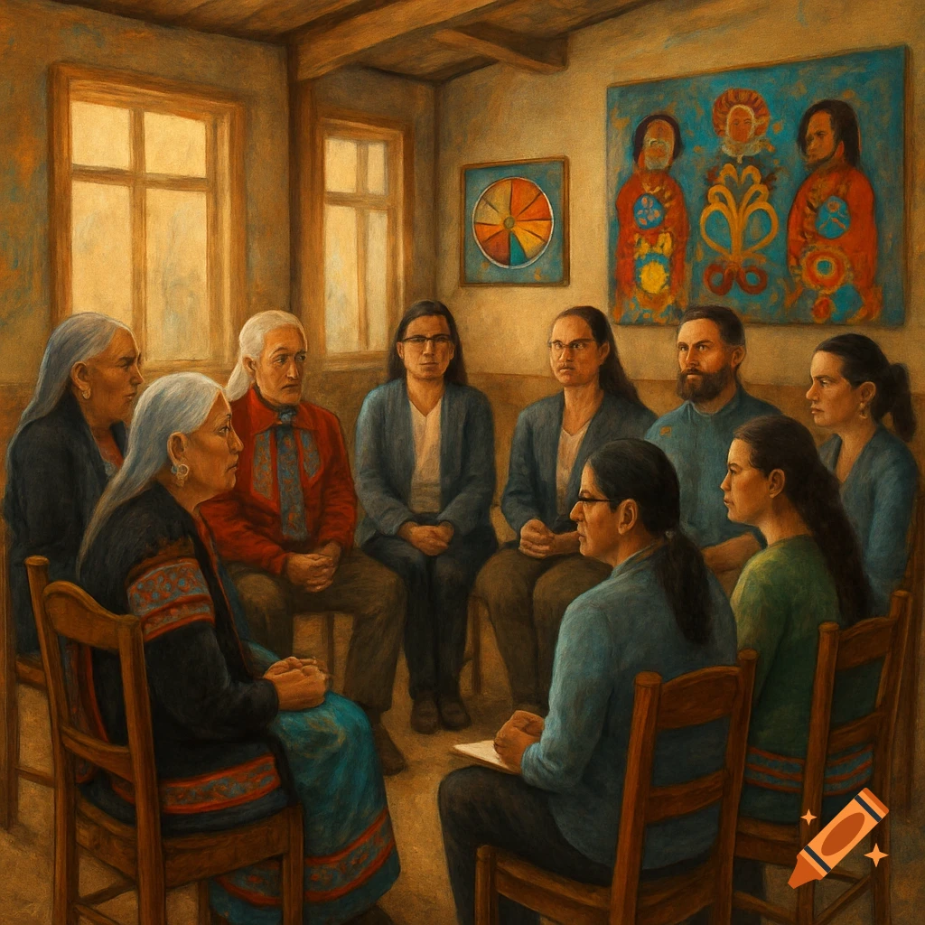 Indigenous people gather in a room, some holding papers, discussing in a circle. Painted in an earthy, warm-toned style.
