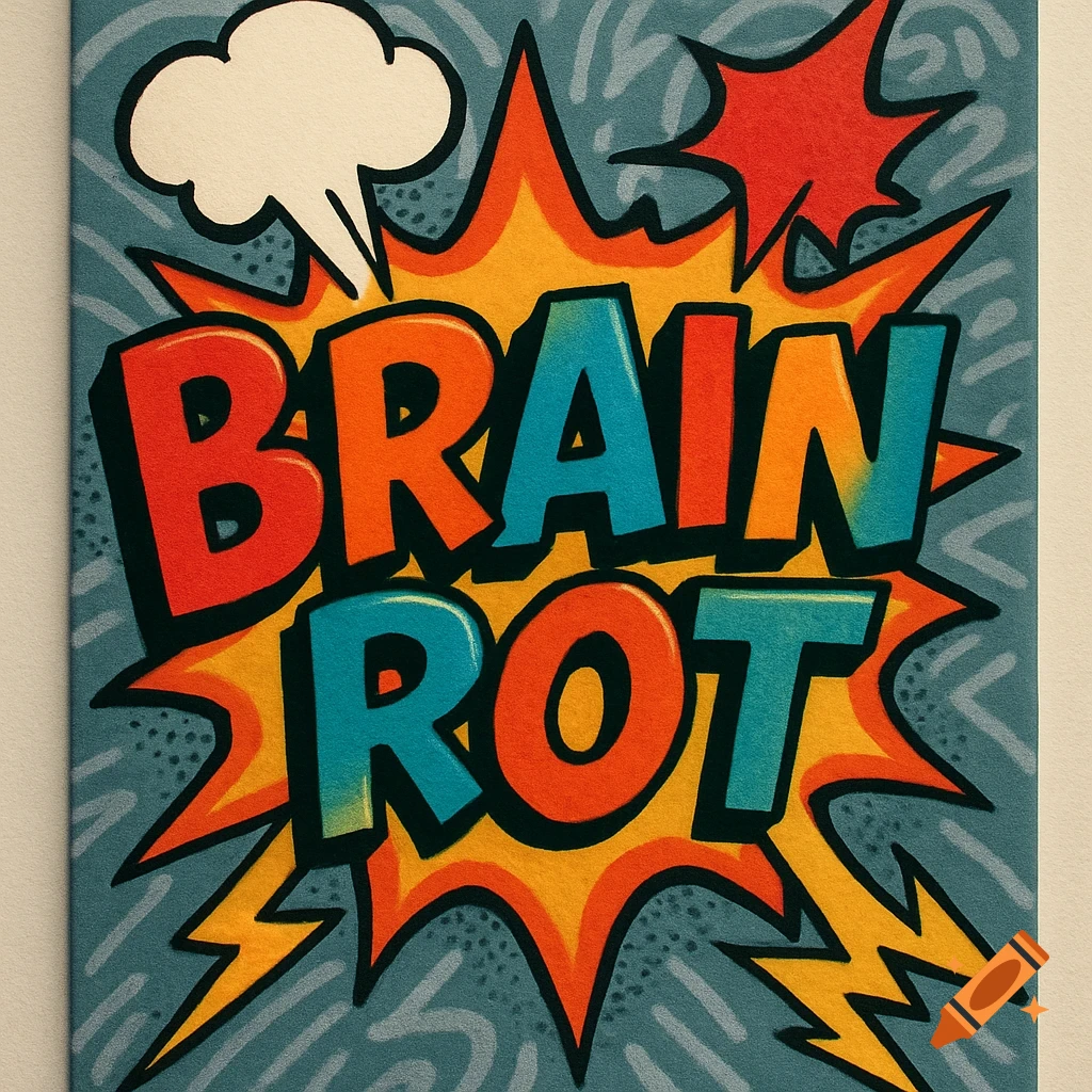 Comic book style graphic with 'BRAIN ROT' in colorful, bold letters against an explosion background.