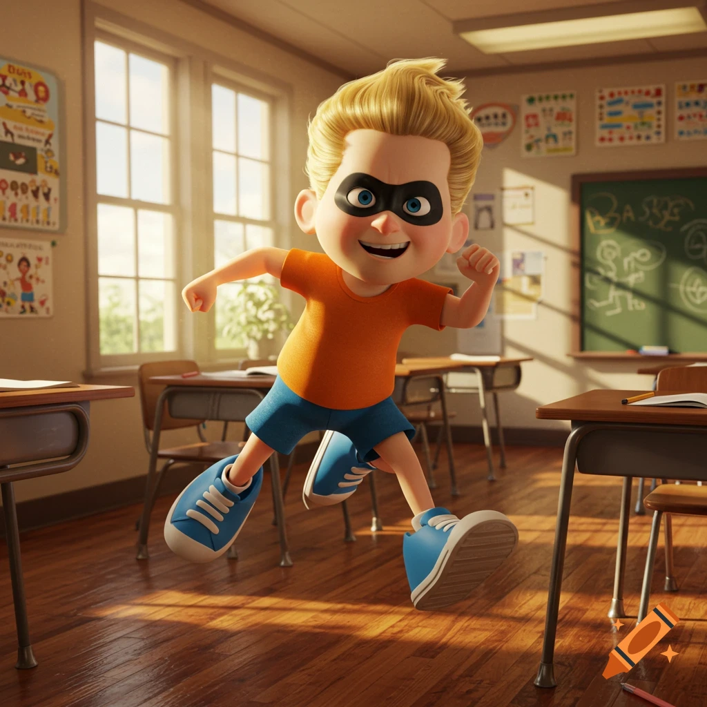 3D animated Dash from The Incredibles, wearing an orange shirt and blue shorts, running in a sunlit classroom.