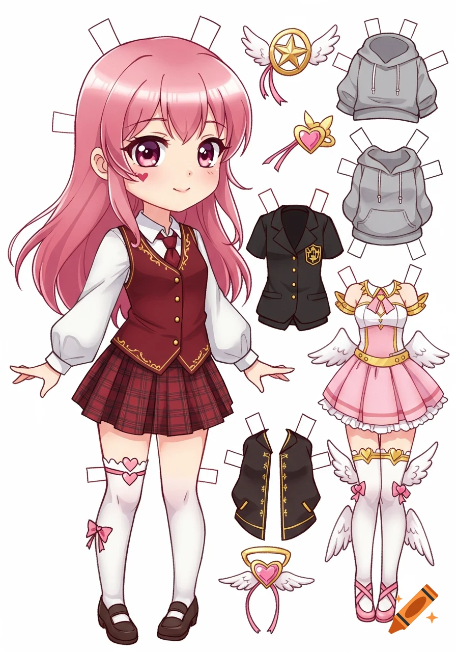Chibi anime paper doll with pink hair, in a school uniform, surrounded by various cut-out outfits and accessories on a white background.