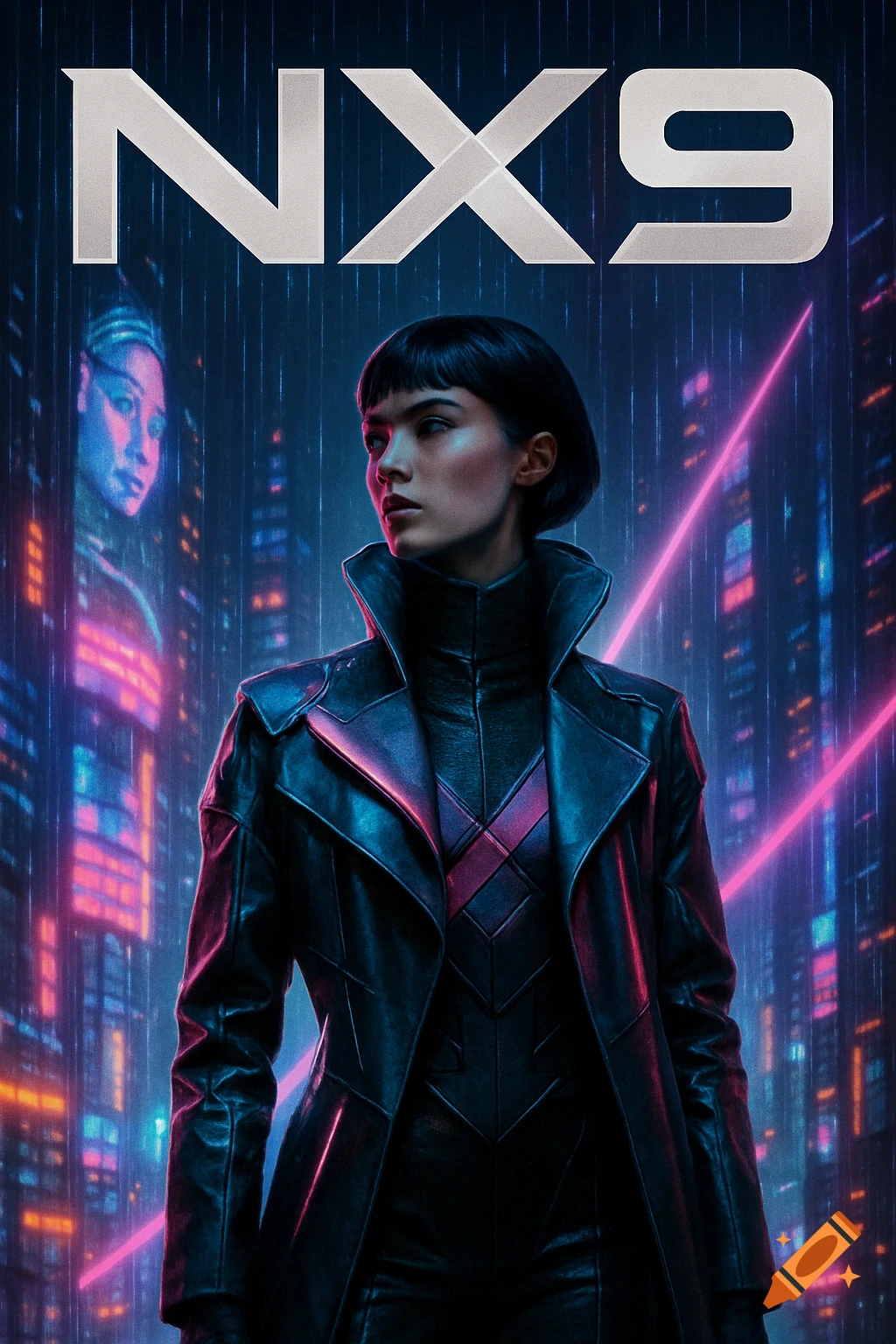 A woman in a black trench coat stands in a neon-lit, rainy cyberpunk city under the title 'NX9' in a futuristic magazine cover style.