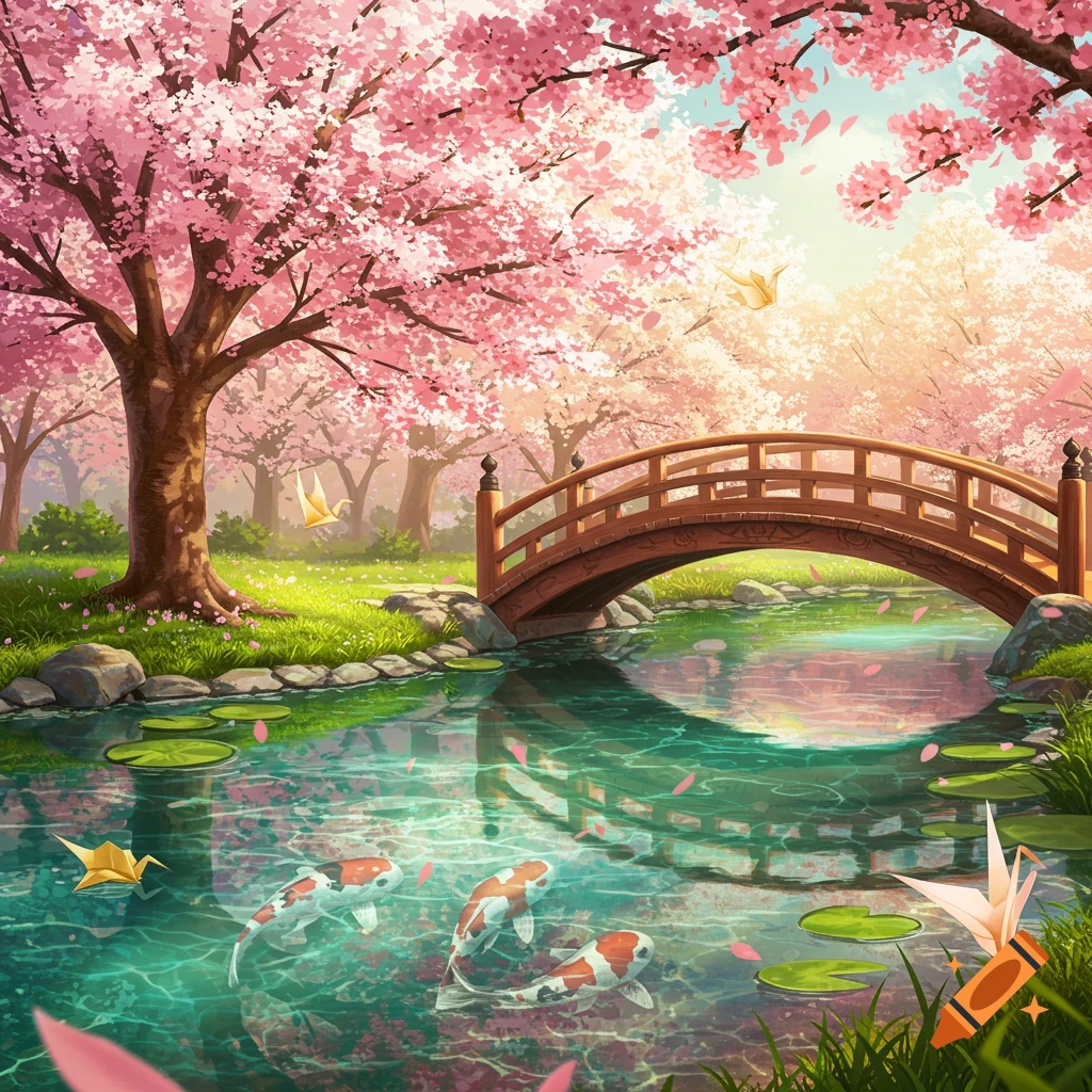 Vibrant illustration of a serene Japanese garden in spring, featuring a wooden bridge over a koi pond under blooming cherry blossom trees with origami cranes.