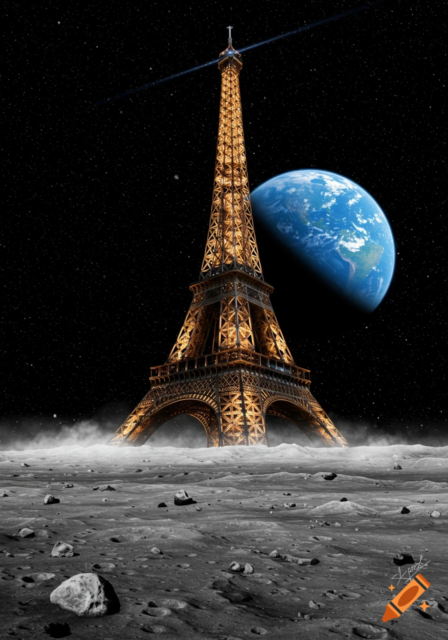 The illuminated Eiffel Tower stands on a cratered moon surface under a starry sky, with Earth visible in the background.
