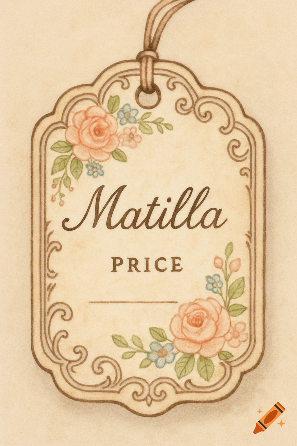 Vintage price tag with "Matilla" and "PRICE" text, adorned with watercolor pink roses and blue flowers on aged paper.
