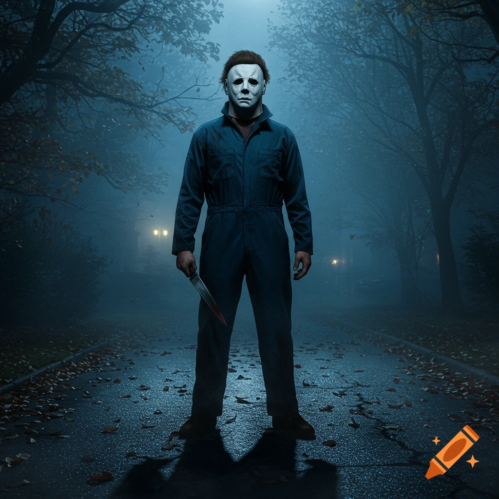 Michael Myers stands on a dark, foggy road at night, holding a knife, with trees and distant lights in the background.