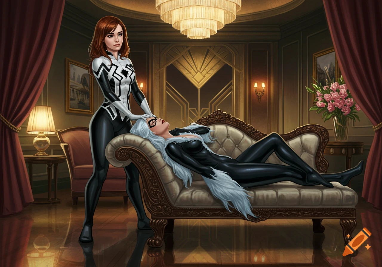 Mary Jane Watson in a Silk suit giving Black Cat a massage on a chaise lounge in a luxurious room.