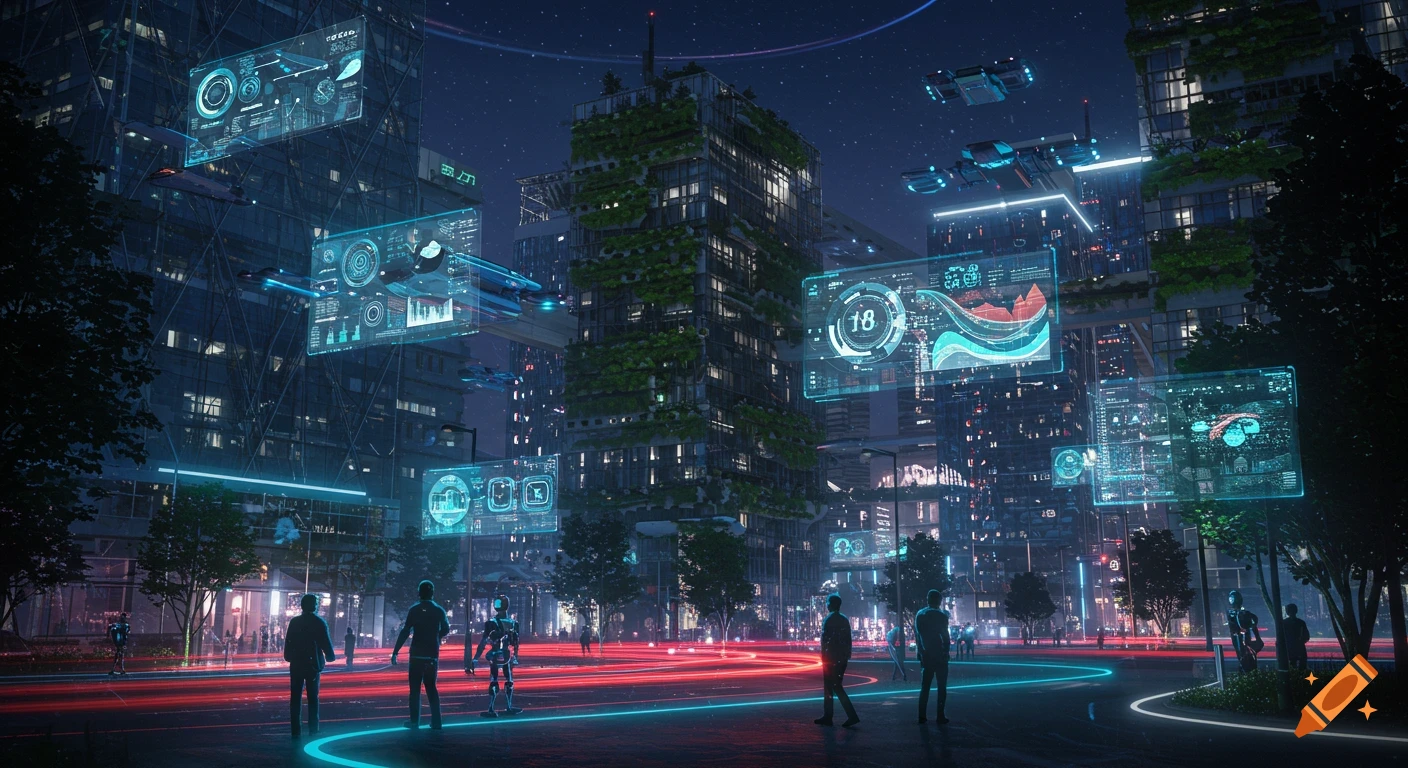 A detailed cyberpunk smart city at night, featuring glowing roads, flying cars, skyscrapers with greenery, holographic data, and people with robots.