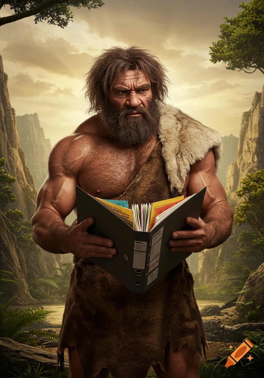 A muscular caveman with a long beard and animal skins holds an open black binder, standing in a prehistoric landscape.