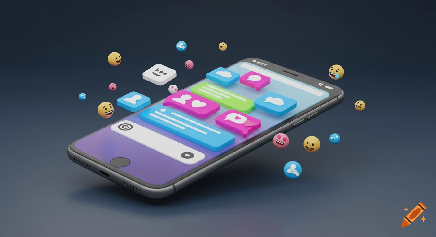 3D illustration of a smartphone displaying a messaging app interface with colorful chat bubbles and emojis floating around it.