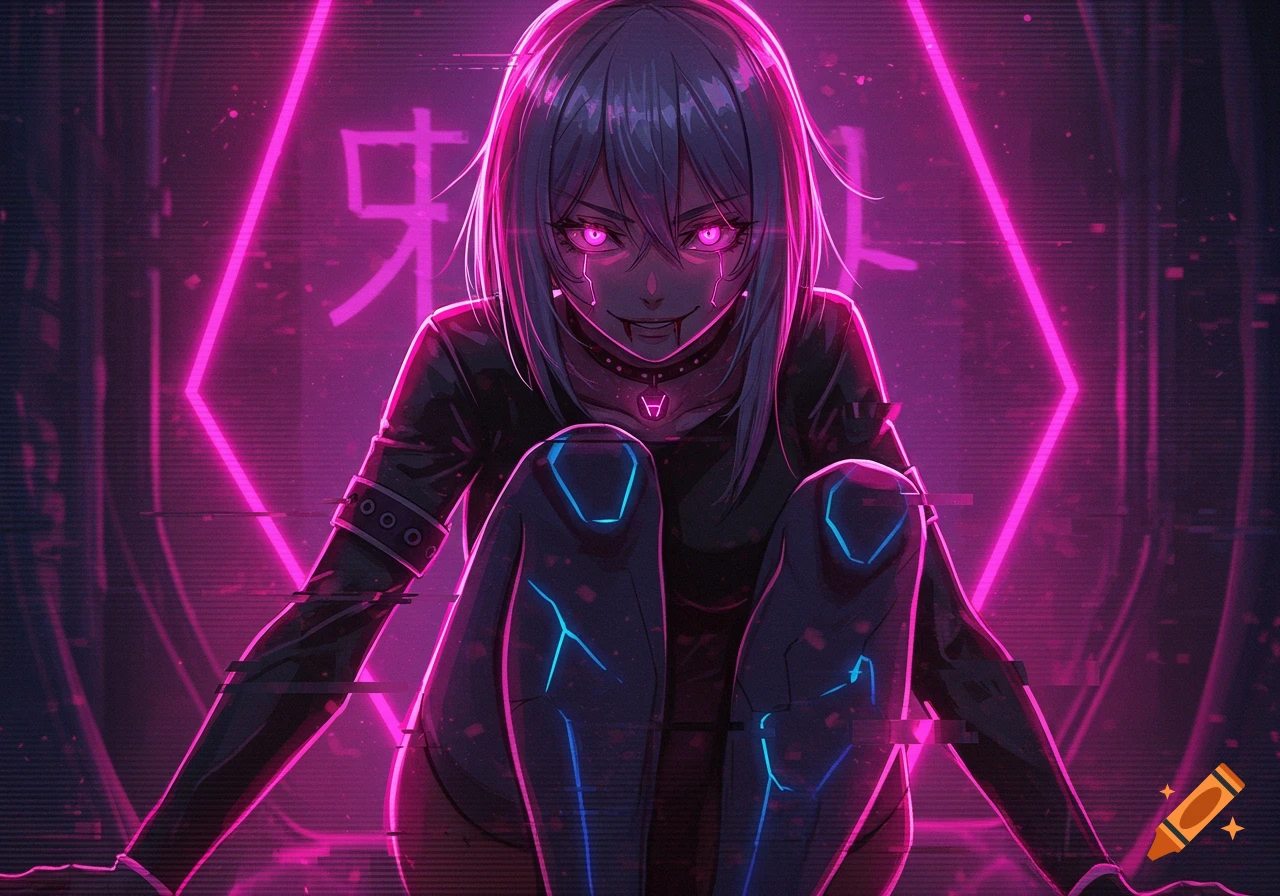 A cyberpunk anime girl with glowing pink eyes and fangs, wearing dark clothes with blue neon accents, against a vibrant pink backdrop.