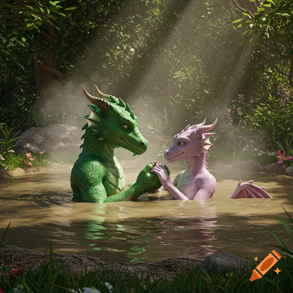 A green and a pink anthropomorphic dragon couple holding hands in a muddy hot tub in a forest, 3D animation style.