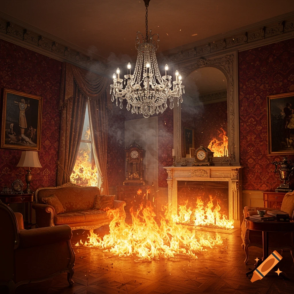 A luxurious room with red wallpaper, a crystal chandelier, and furniture engulfed in roaring flames.