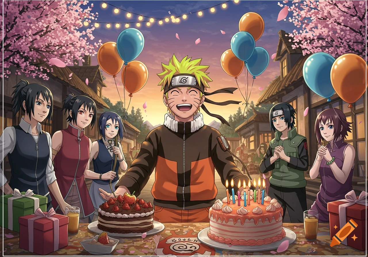 Naruto joyfully celebrates his birthday outdoors with friends, surrounded by cakes, balloons, and gifts in an anime art style.