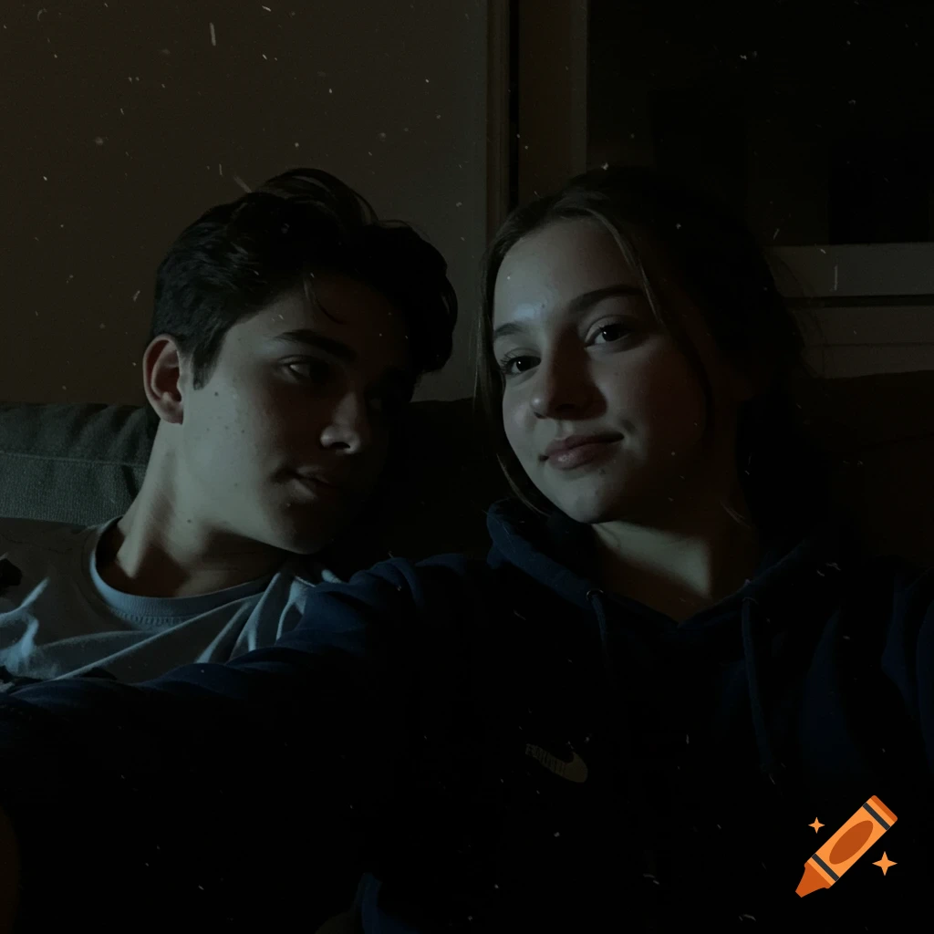 A young man looks at a young woman who gazes directly into the camera from a dimly lit couch, with light from a screen illuminating their faces, in a photorealistic style.