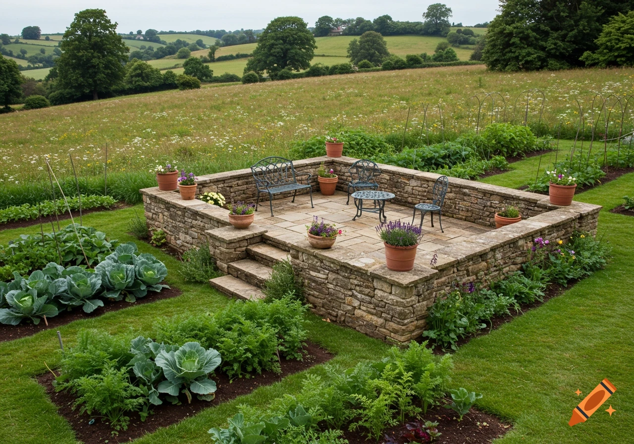 A beautiful garden features a stone patio with metal furniture, surrounded by neat vegetable beds, lush grass, and a distant rolling green landscape under an overcast sky.