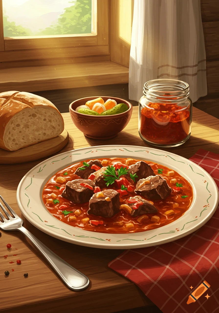 A digital art illustration of goulash with bread, pickles, and a jar of sauce on a wooden table by a sunlit window.