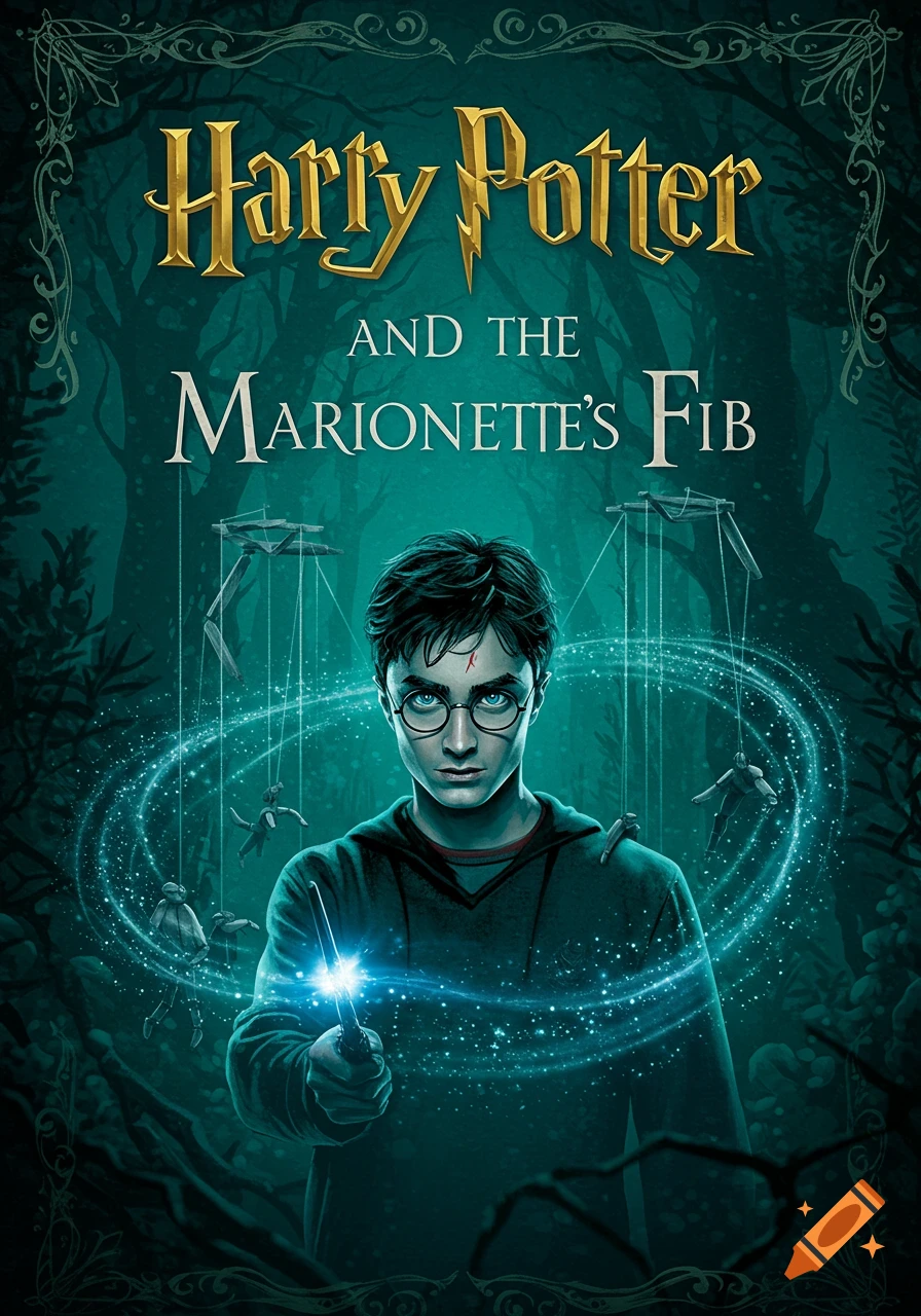 A dark fantasy book cover showing Harry Potter with a glowing wand, surrounded by swirling magic and small marionette figures in a shadowy forest. The title reads 'Harry Potter and the Marionette's Fib'.