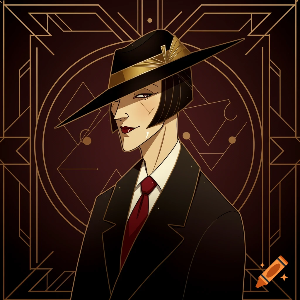 Art Deco style portrait of a person in a suit and wide-brimmed hat against a geometric background.