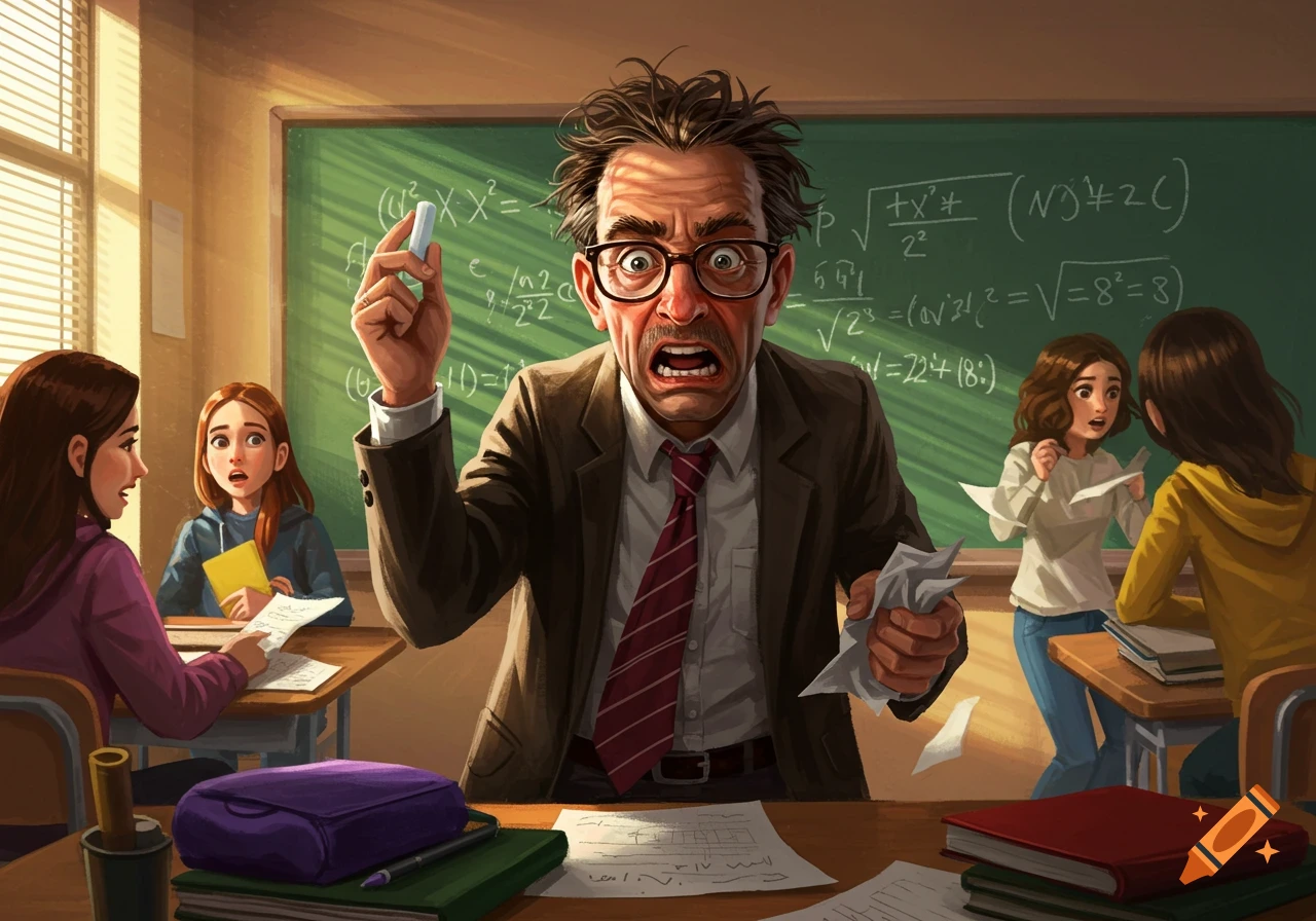 An angry, disheveled male teacher with glasses holds chalk and crumpled paper in a cartoon-style classroom with students.