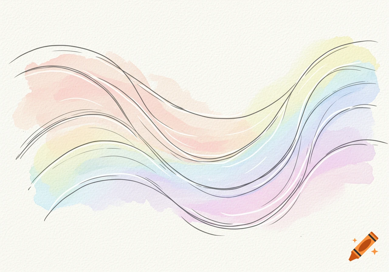 Abstract pastel watercolor sketch with dark wavy lines on a textured paper background.