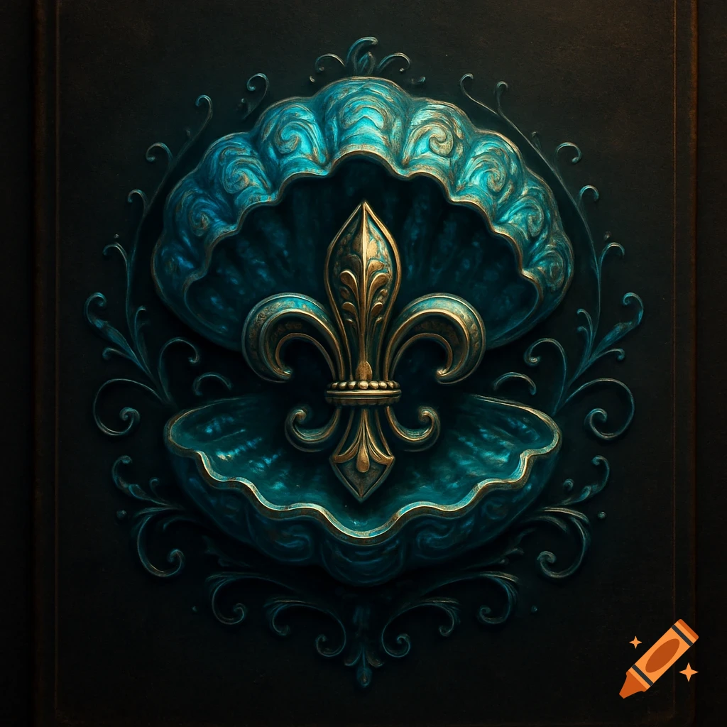 A gold fleur-de-lis emblem against a teal clam-like design, set in a dark, ornate background.