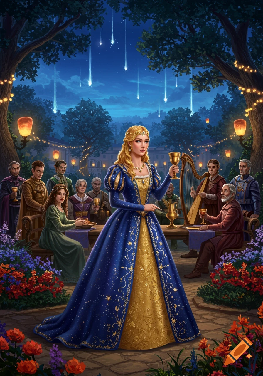 A blonde princess in a blue and gold gown holds a goblet at a garden party with guests, lanterns, and falling stars at night.