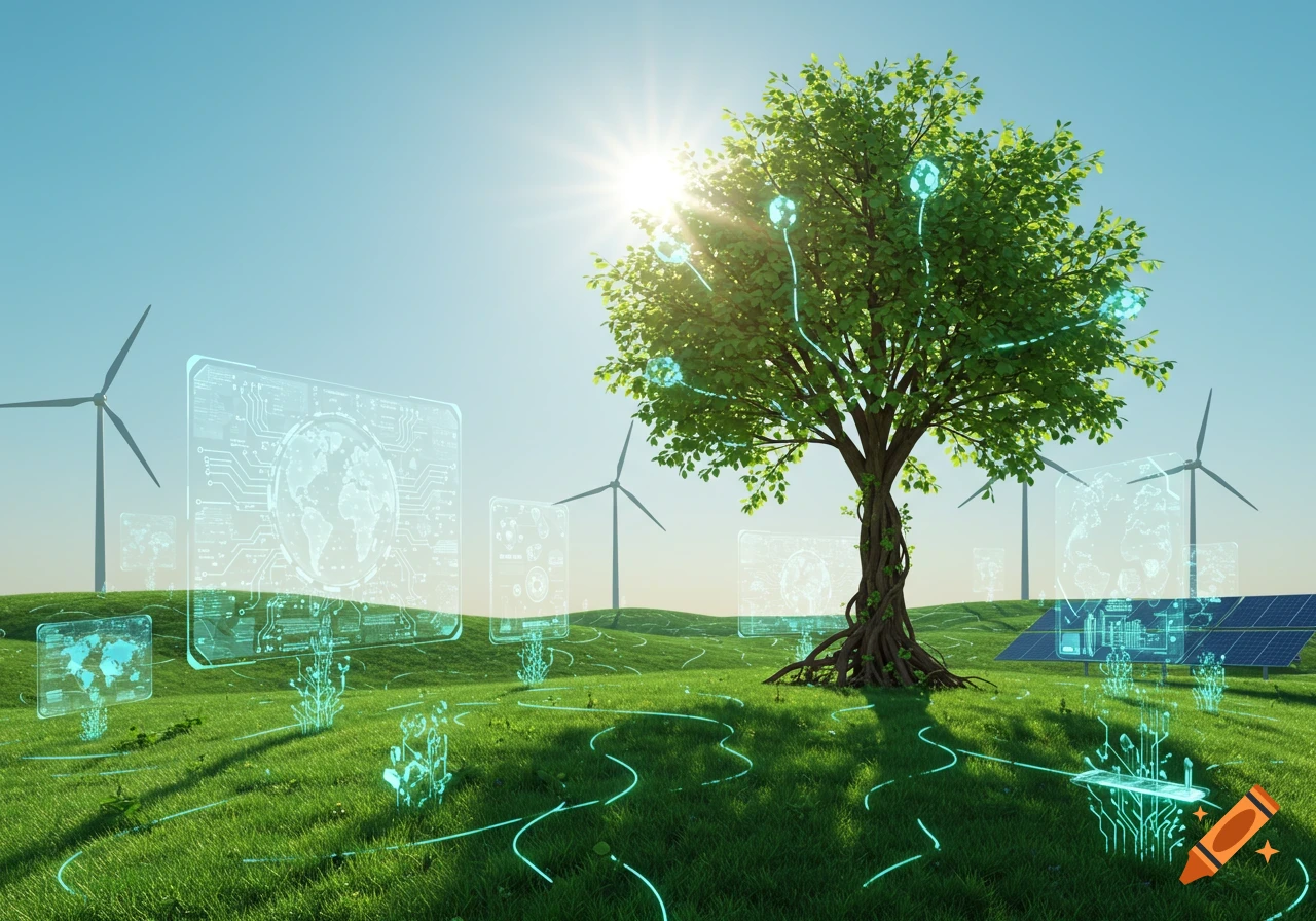 A tree with glowing digital circuits, holographic displays, wind turbines, and solar panels in a green field under a sunny sky.