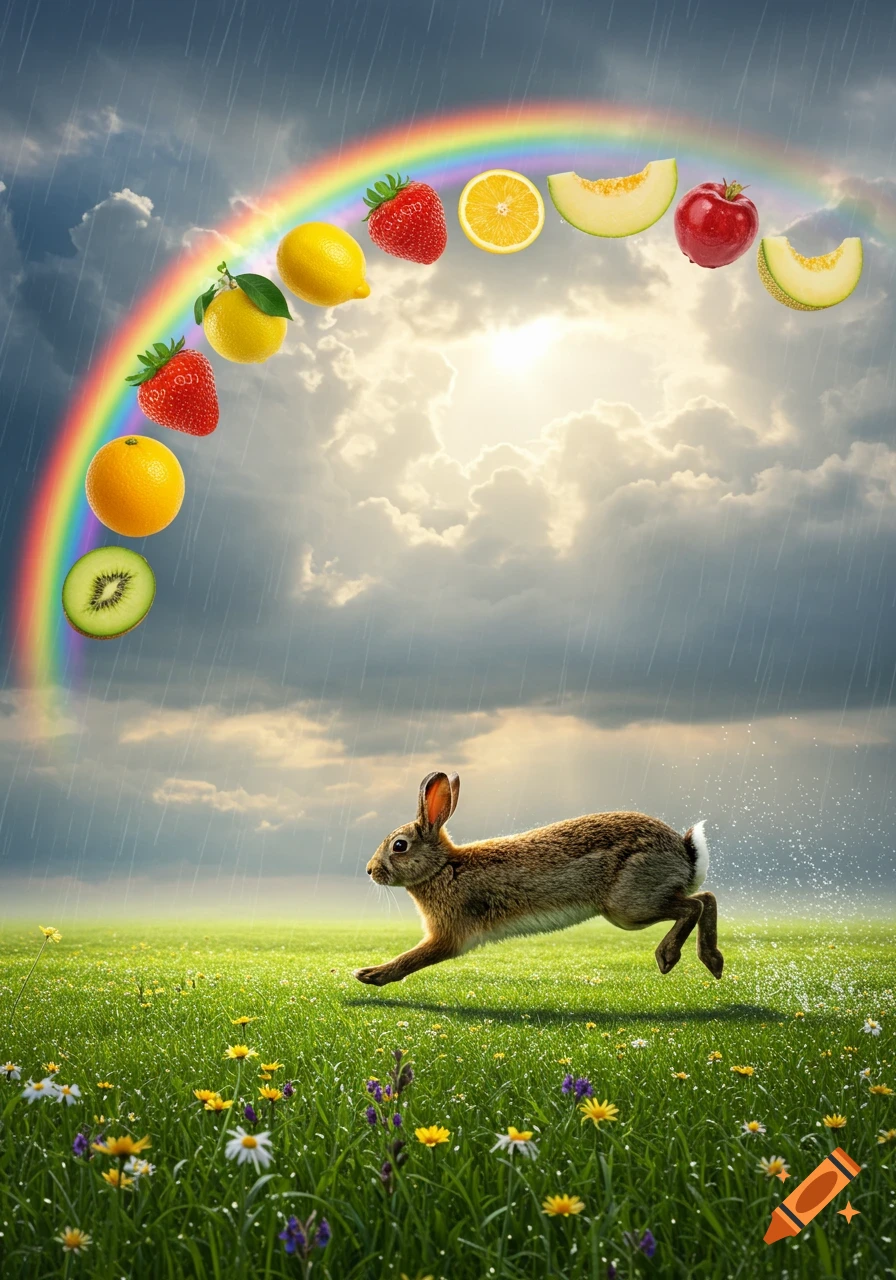 A rabbit leaps through a grassy field with wildflowers under a rainy sky. A rainbow adorned with various fruits arches overhead.